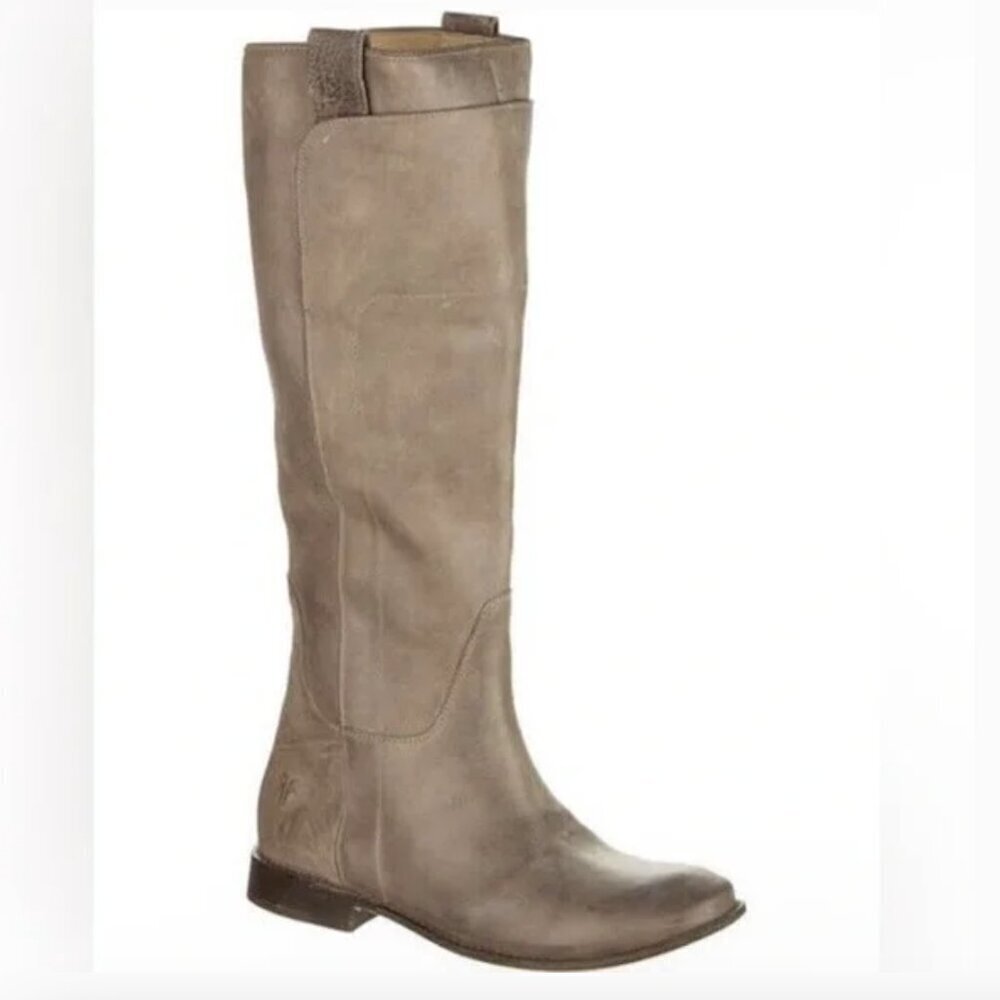 ** FRYE 77534 Paige Tall Boots Sz 5.5 Riding Taupe Leather Motorcycle Distressed